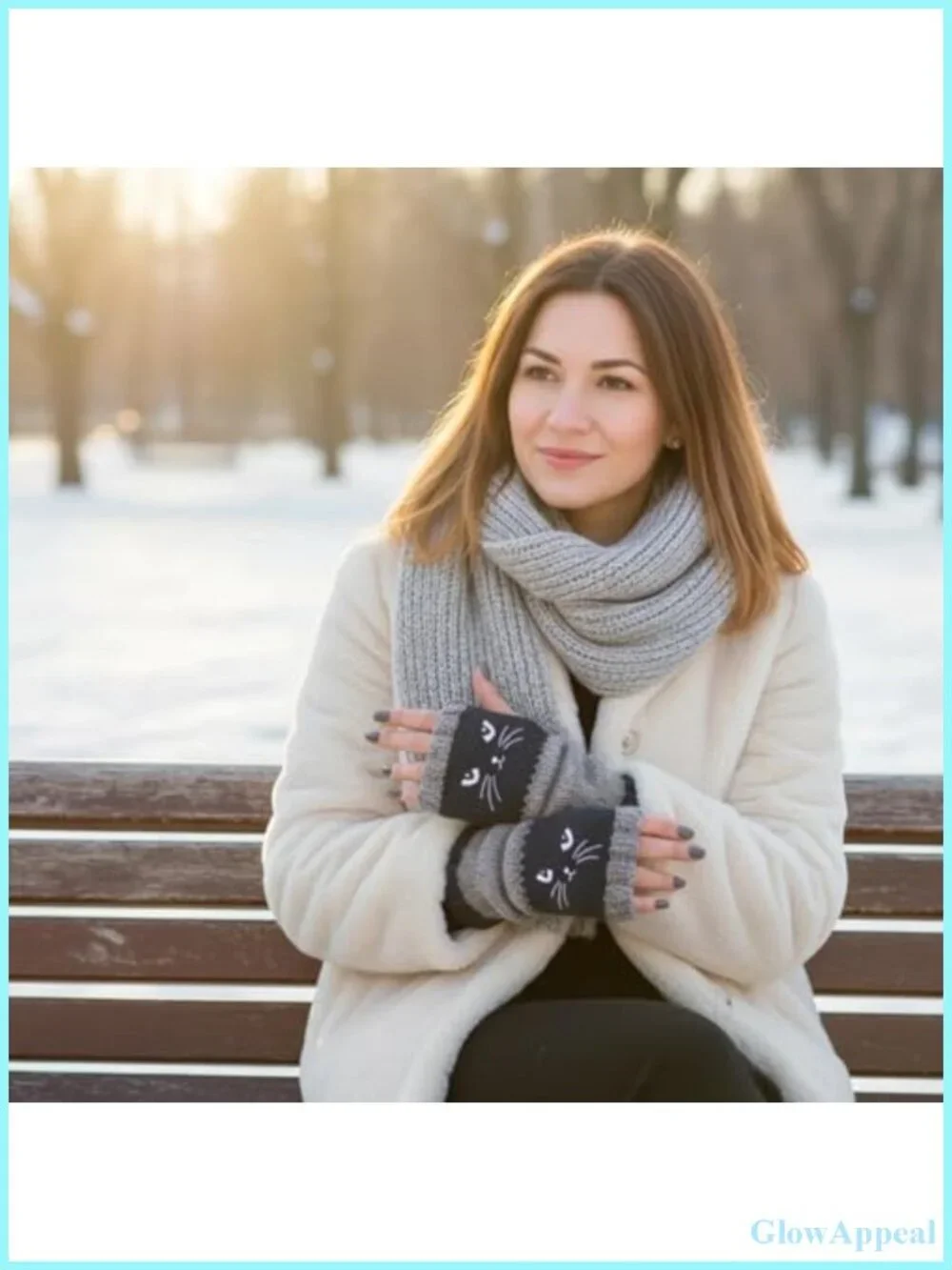 Cozy Knit Fingerless Gloves Women Cat Design Winter Texting